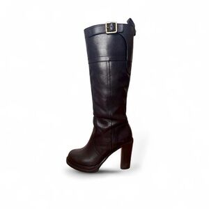 Tory Burch Black Leather Knee-High Platform Riding Boots with Buckle